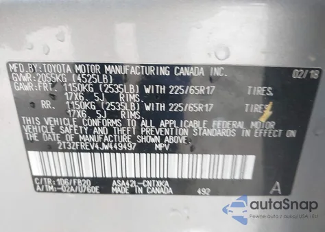 2018 Toyota Rav4 Le z USA, uszkodzony, nr VIN 2T3ZFREV4JW449497